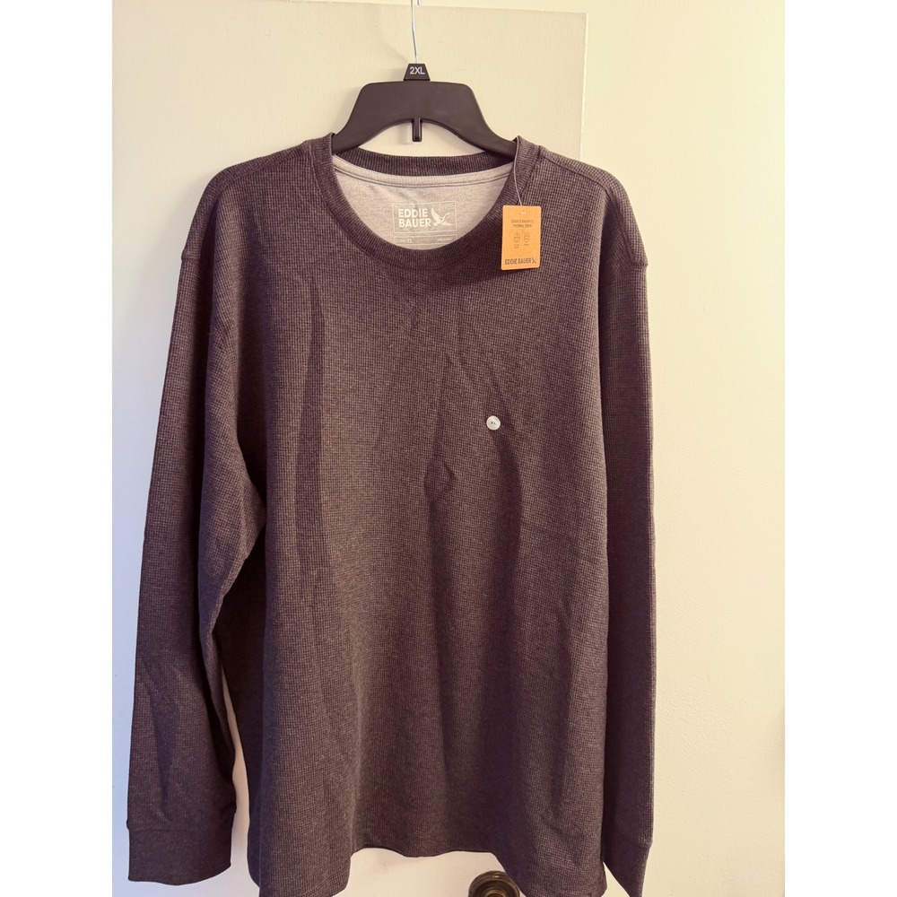 Eddie Bauer Mens XL Charcoal Gray Waffle Knit Thermal Long Sleeve Crew Neck Top